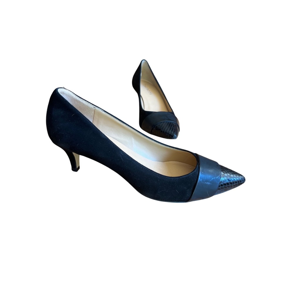 Talbots Black Suede Snakeskin Cap Toe Kitten Heels Pointed Toe Pumps 8M Brazil